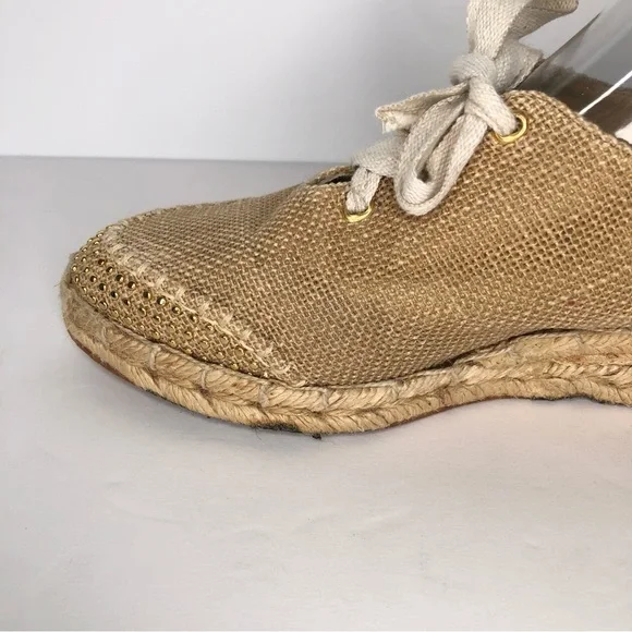 STUART WEITZMAN Canvas Gold Studded Slingback Tan Espadrille Wedge Luxury VTG - Picture 8 of 14